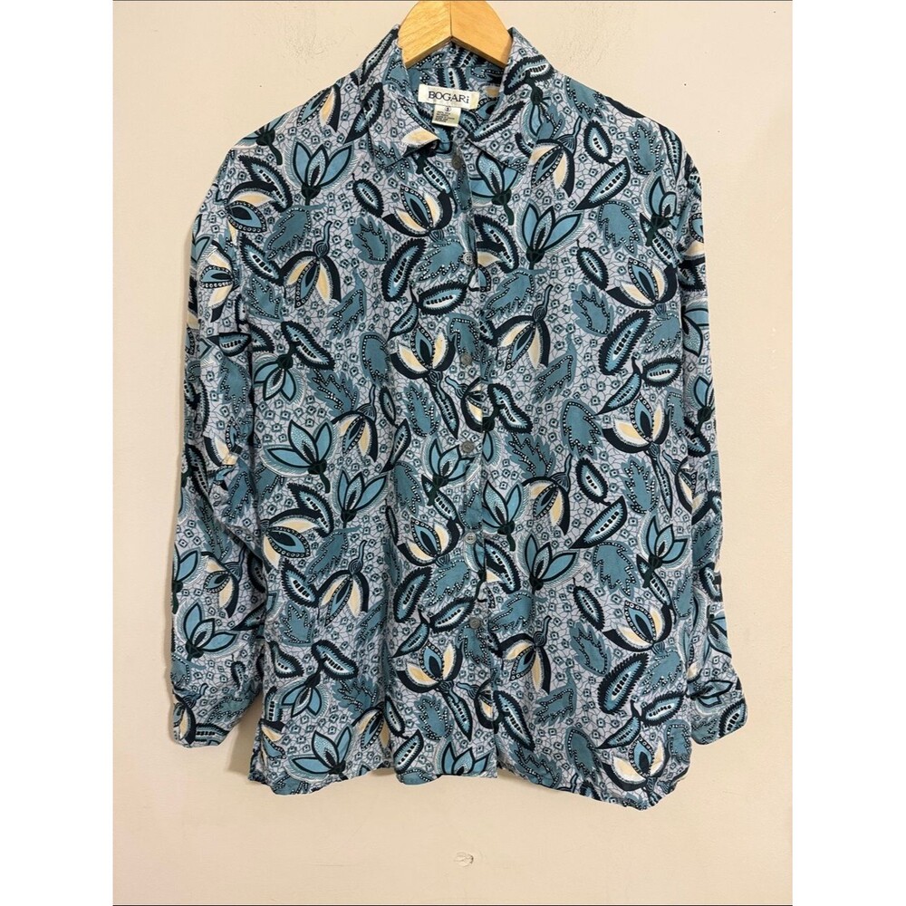 VTG Bogari Blue Silk Paisley Floral Button-Up Shirt size S Cottagecore Boho Chic